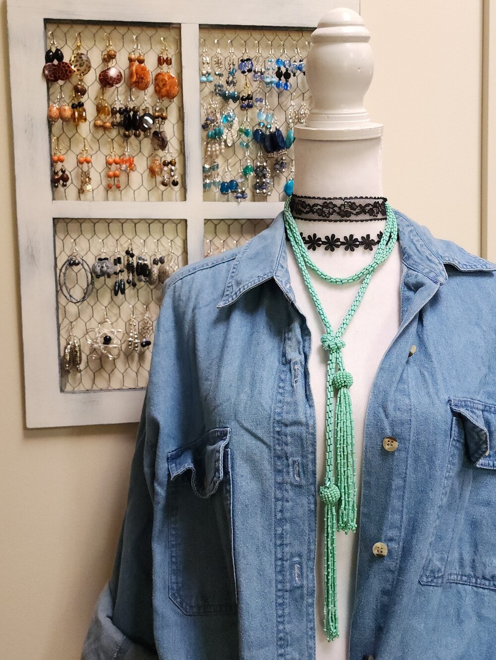 Vintage Turquoise Blue Colored Seed Bead Lariat Tassel Tie Statement Necklace